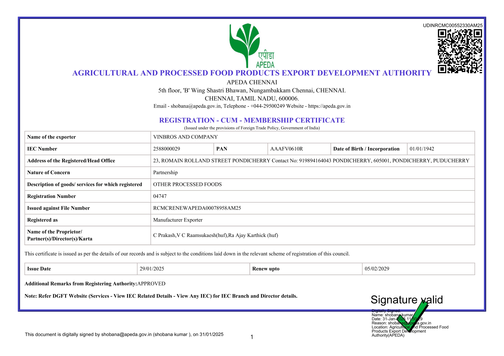 Apeda Certificate